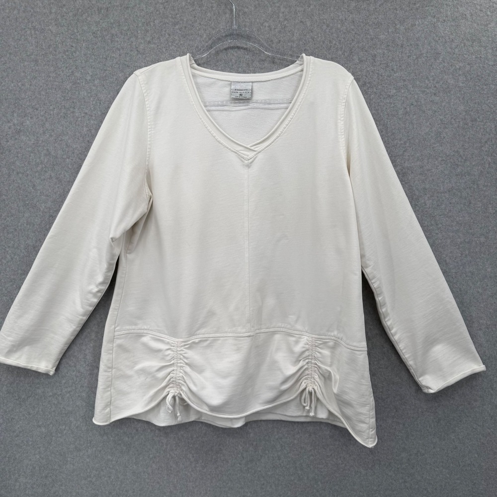 CMC Color Me Cotton Top Women XL White Ruched Hem V-Neck Long‎ Sleeve Lagenlook